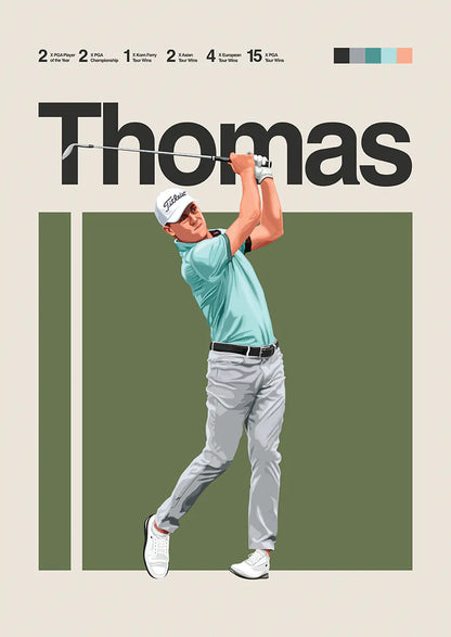 Justin Thomas golf swing poster in mint green and gray outfit with Titleist gear