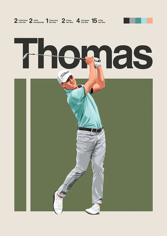 Justin Thomas golf swing poster in mint green and gray outfit with Titleist gear
