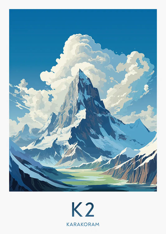 K2 mountain poster with dramatic Karakoram landscape illustration