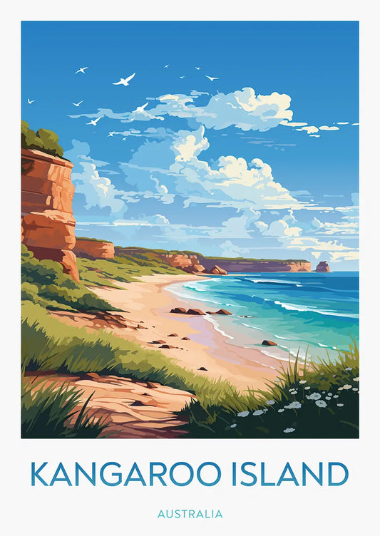 kangaroo island travel poster with beach cliffs and ocean waves