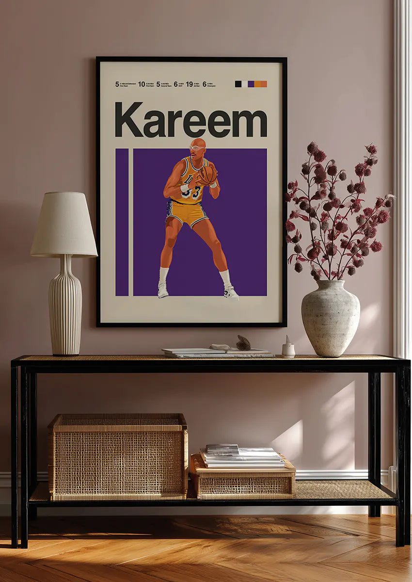 retro basketball poster with kareem abdul-jabbar in yellow uniform