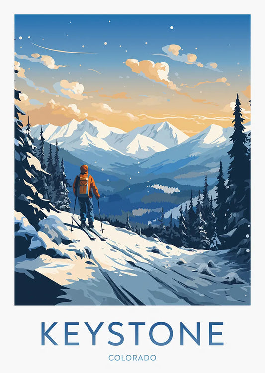 keystone colorado ski travel poster with snowy mountains and pine trees