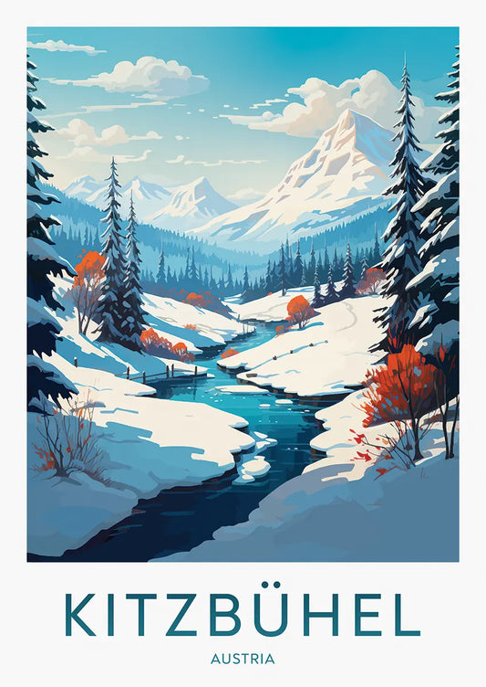 kitzbuhel winter landscape travel poster with snowy alps and river