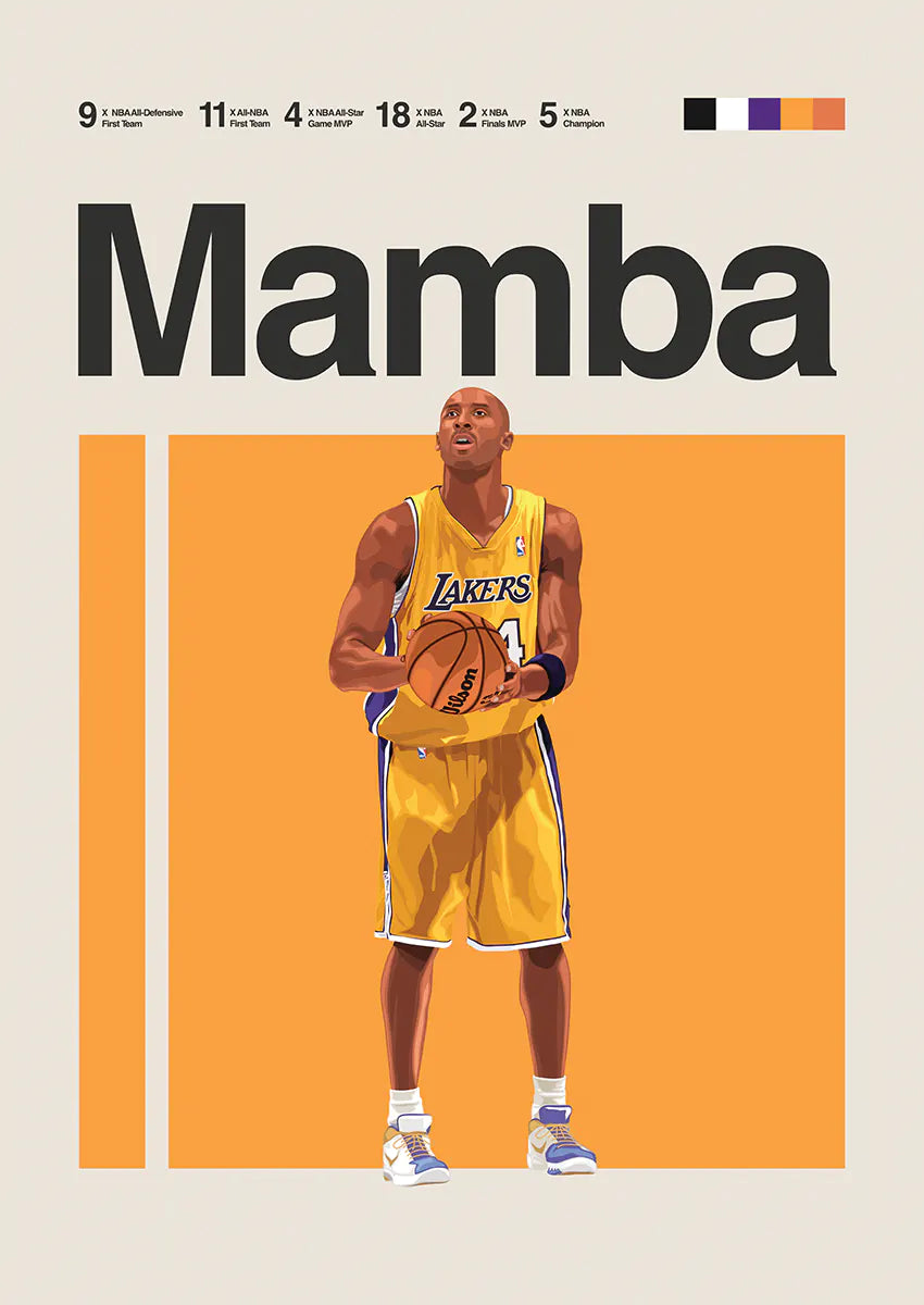 Kobe Bryant Lakers poster with illustrated design and career highlights