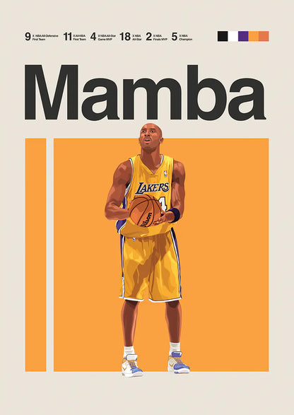 Kobe Bryant Lakers poster with illustrated design and career highlights