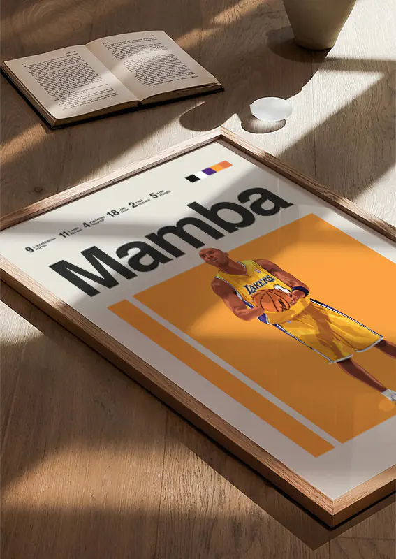 Sports wall art tribute to Kobe Bryant in purple and gold tones