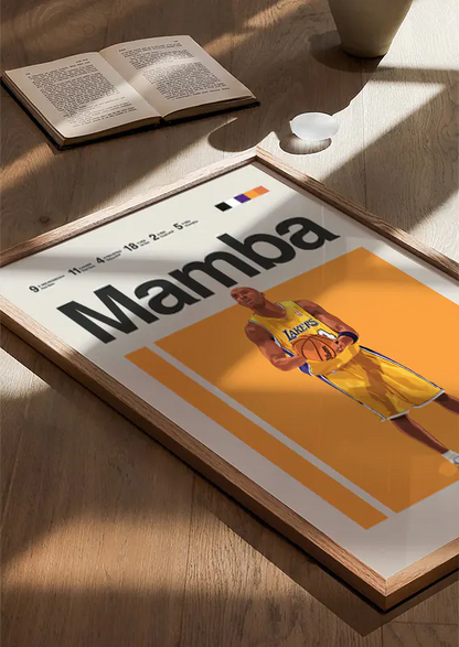 Sports wall art tribute to Kobe Bryant in purple and gold tones