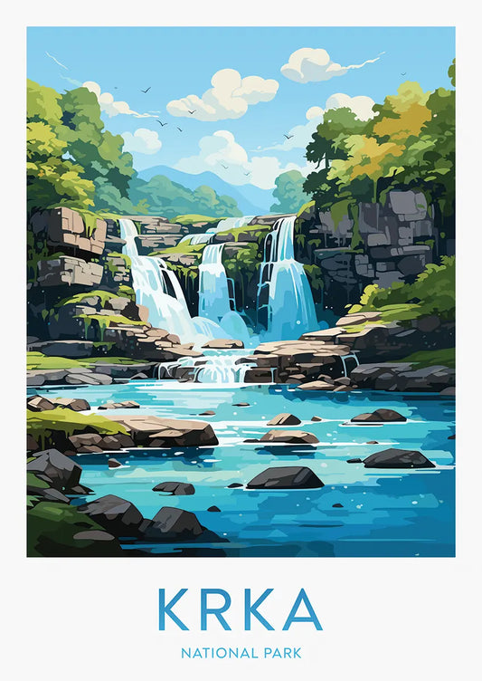 krka national park travel poster with waterfalls and turquoise river