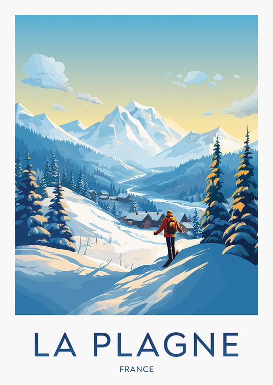 la plagne travel poster with snowy alps skier and sunrise sky