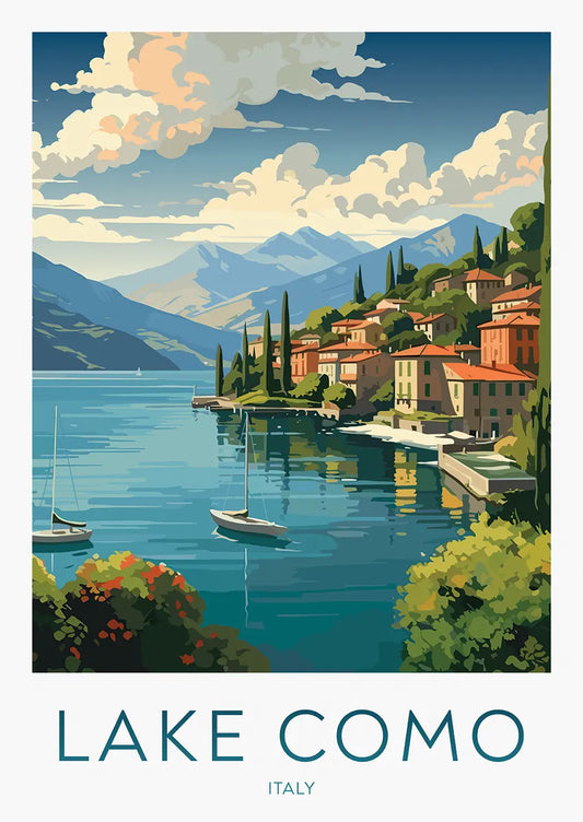 lake como travel poster with italian village and sailboats on water