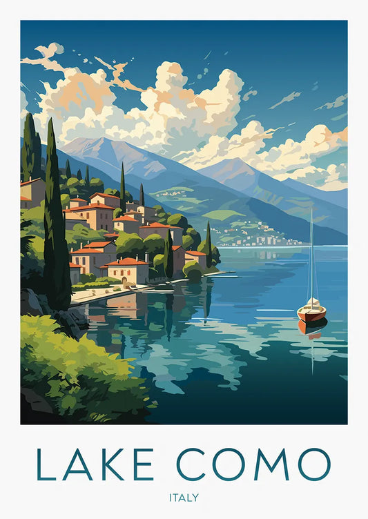 lake como travel poster with italian town and red sailboat on lake