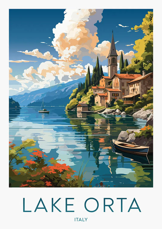 lake orta travel poster with colorful italian village and mountain lake