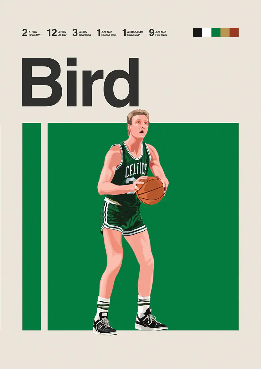 Larry Bird shooting in green Celtics jersey illustration