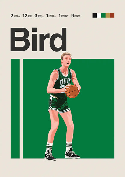 Larry Bird shooting in green Celtics jersey illustration
