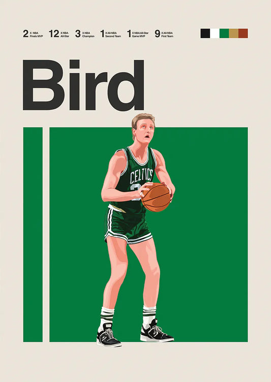 Larry Bird shooting in green Celtics jersey illustration