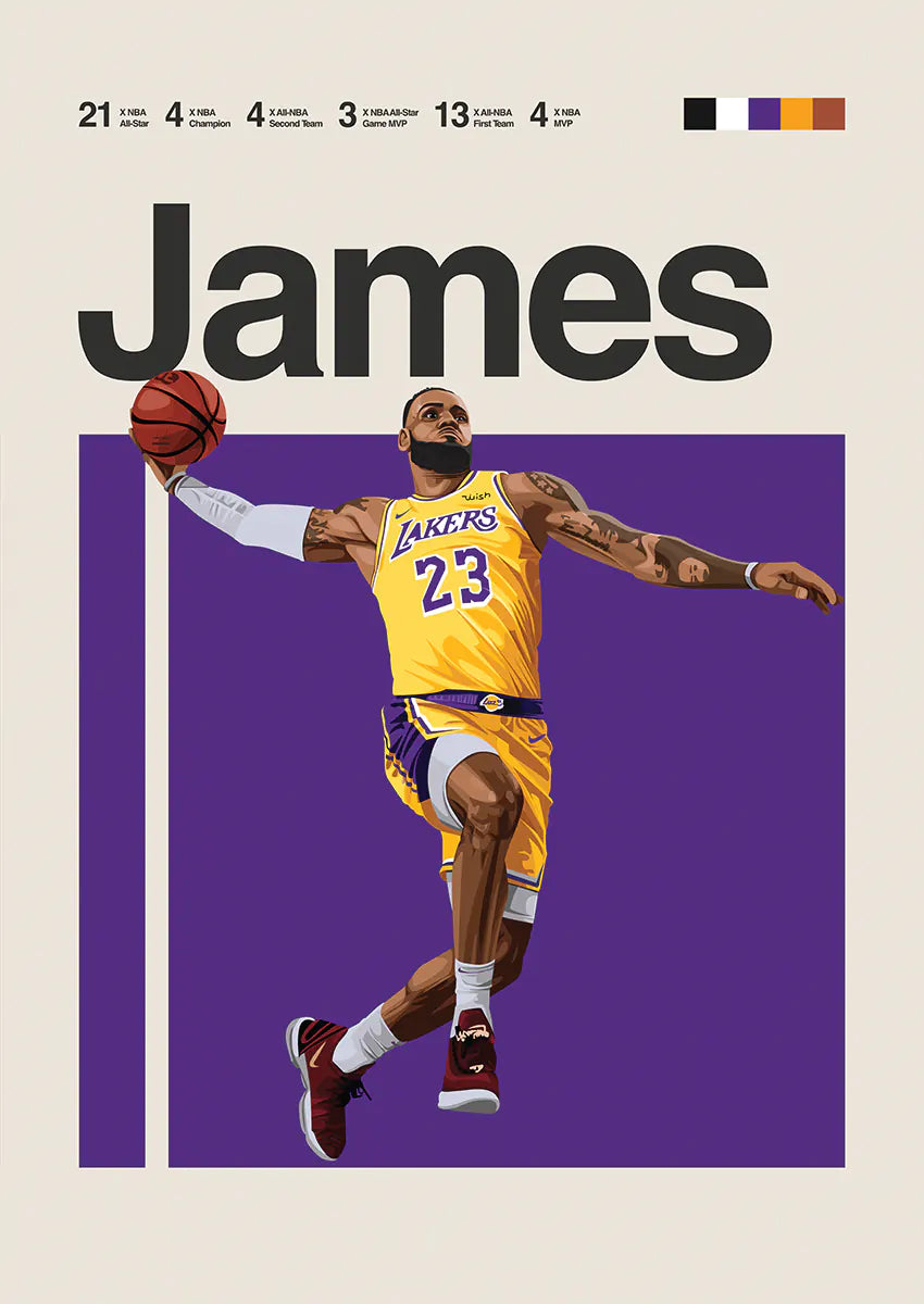 LeBron James dunking artwork on purple background