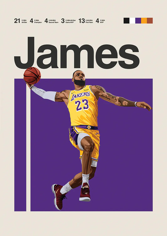 LeBron James dunking artwork on purple background