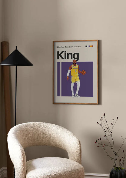 Illustrated basketball wall art of LeBron James with bold “King” design