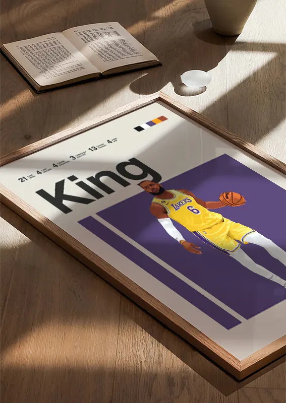 Sports poster tribute to NBA legend LeBron James in purple and gold
