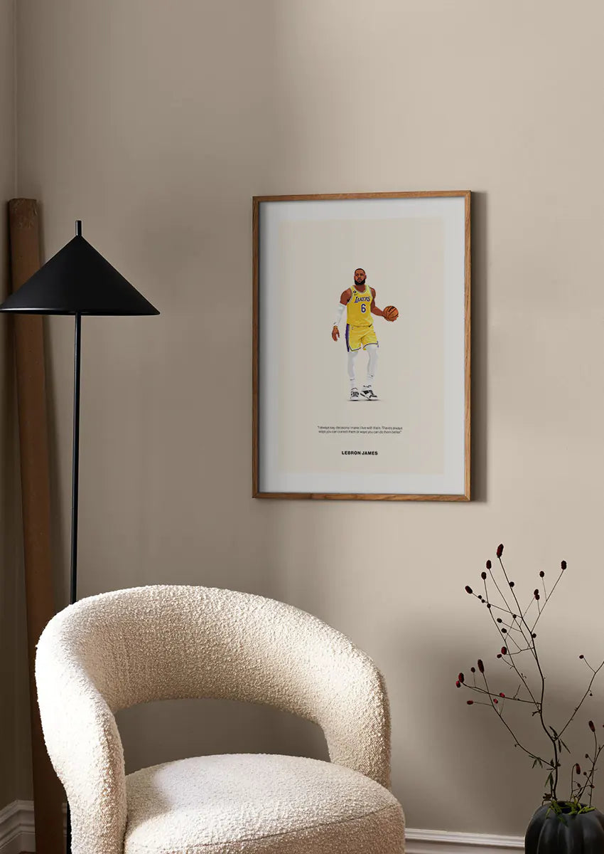 Basketball wall art featuring LeBron James in yellow jersey and leadership quote