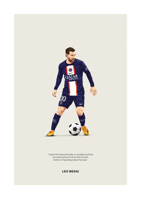 Leo Messi PSG poster with quote about instinct and playmaking