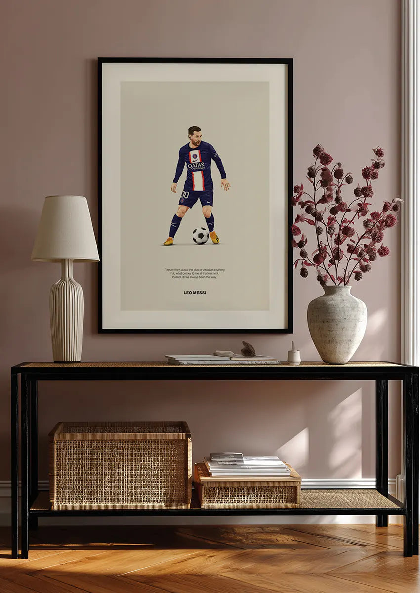 Football wall art featuring Messi in navy Paris Saint-Germain kit