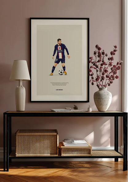 Football wall art featuring Messi in navy Paris Saint-Germain kit