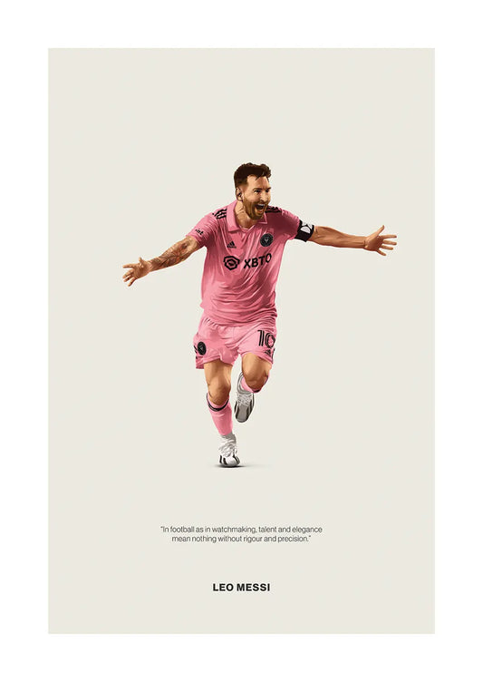 Leo Messi Inter Miami poster in pink kit with precision quote