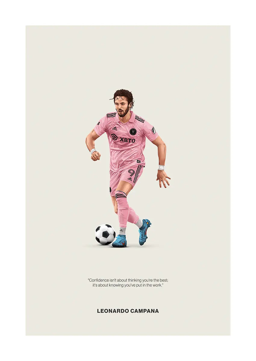 Leonardo Campana Inter Miami poster in pink kit with confidence quote