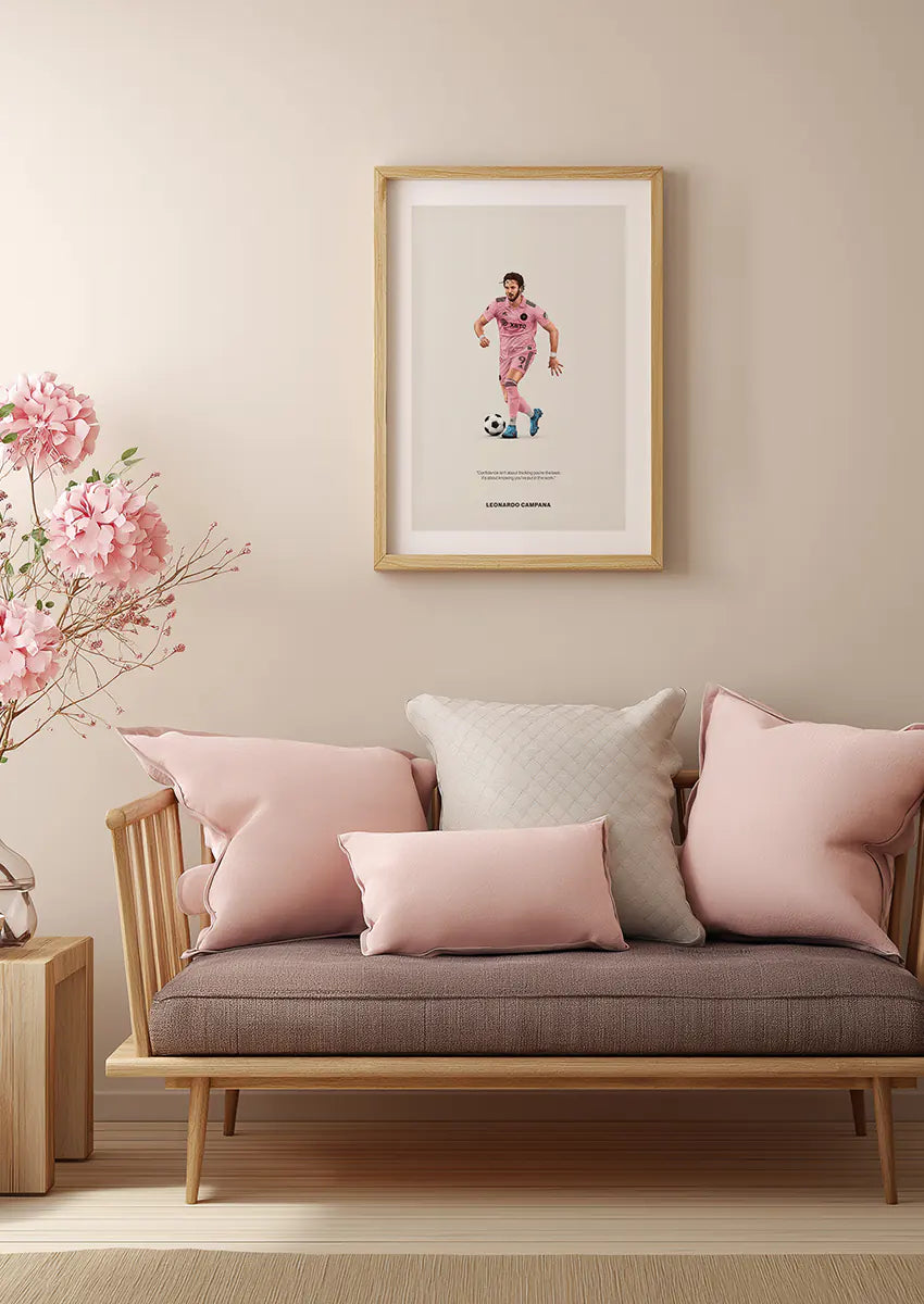 Soccer wall art featuring Campana dribbling with motivational message