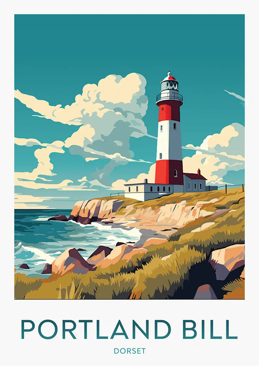 Portland Bill lighthouse poster with dramatic coastal cliffs and ocean waves