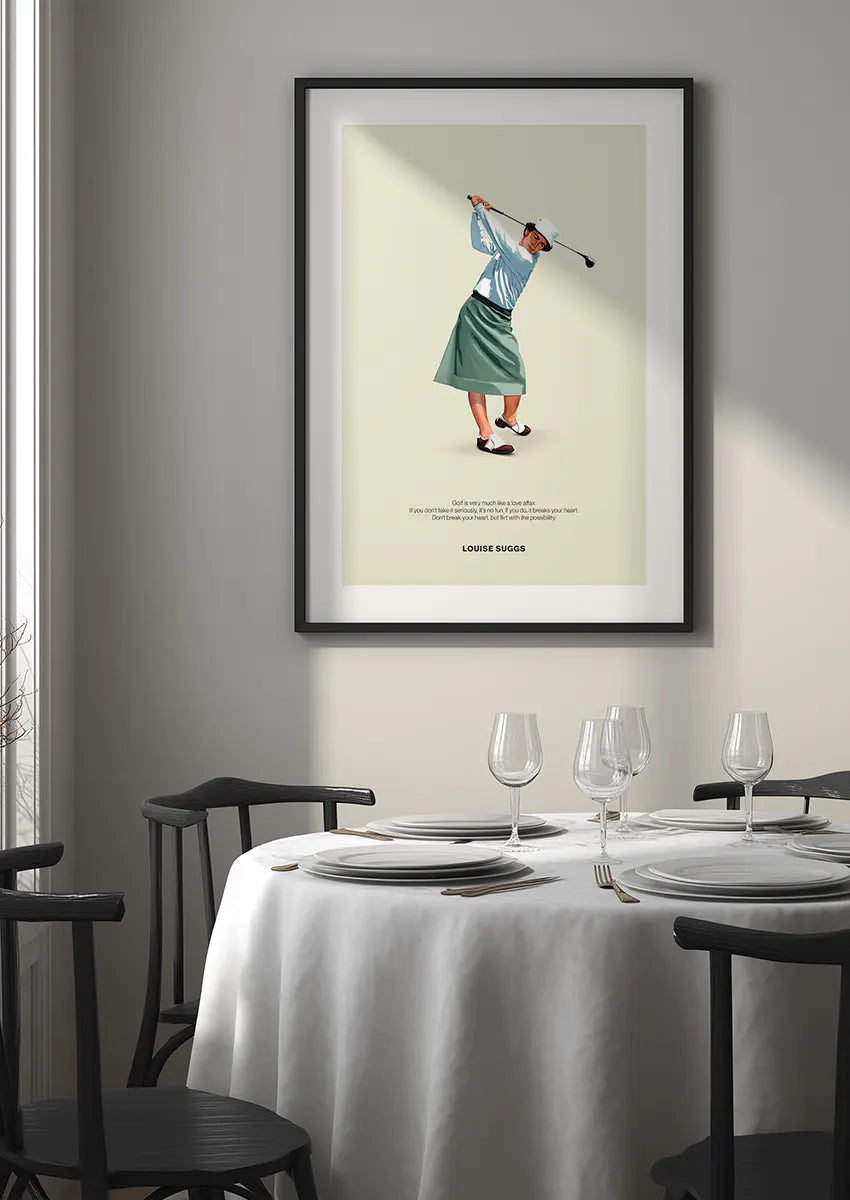 Minimalist sports art featuring female golfer Louise Suggs