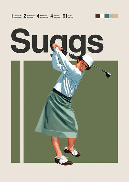 Louise Suggs golf swing poster with sage green vintage outfit