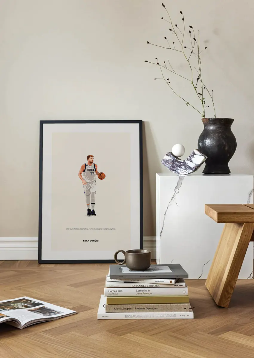NBA wall art featuring Luka Dončić in white uniform with motivational message
