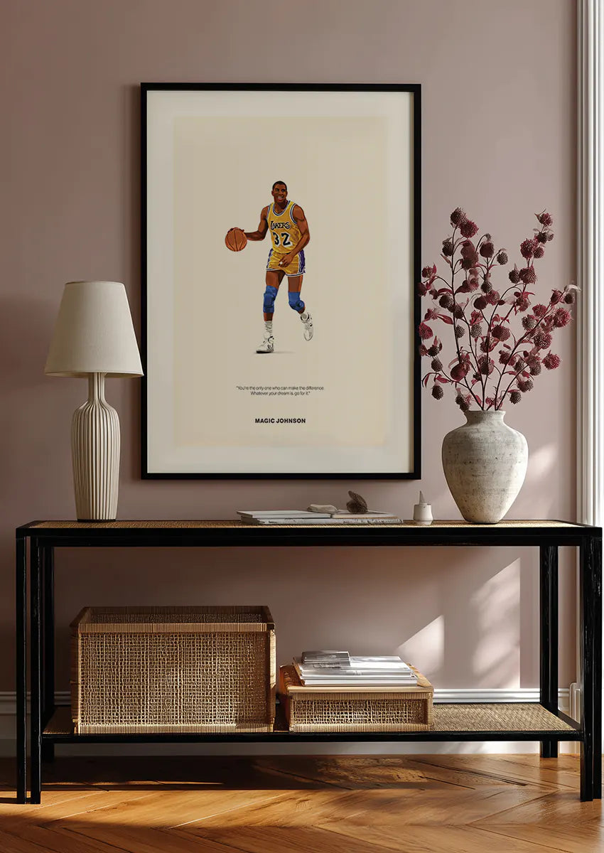 Vintage NBA wall art featuring Magic Johnson in yellow jersey with motivational message