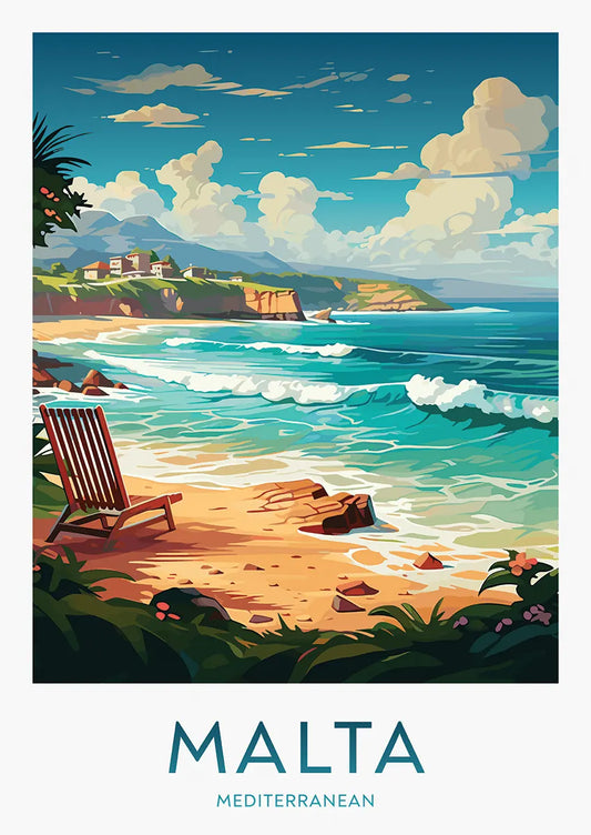 malta travel poster with mediterranean beach waves and cliffs