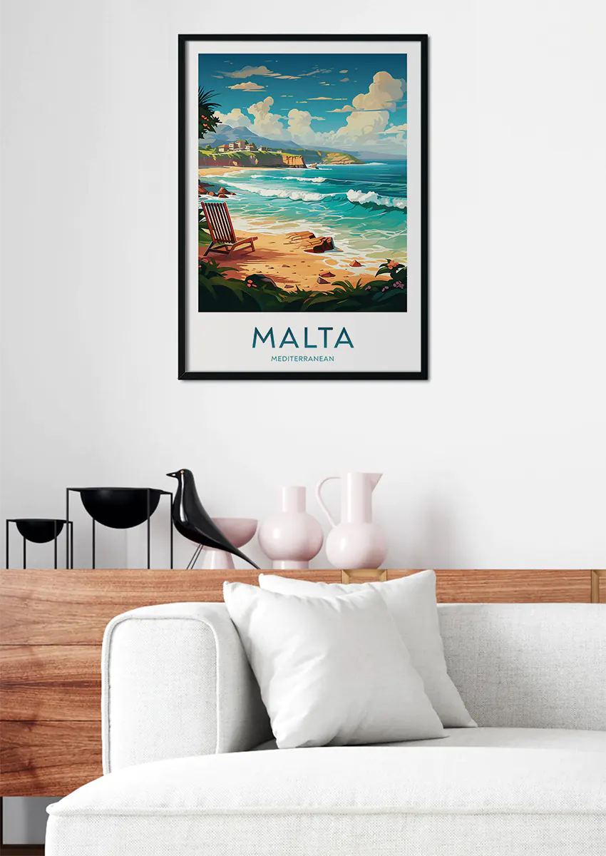 malta coastal wall art print featuring sandy shoreline and turquoise sea