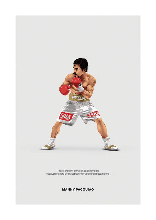 Manny Pacquiao boxing poster in white trunks and red gloves with motivational quote