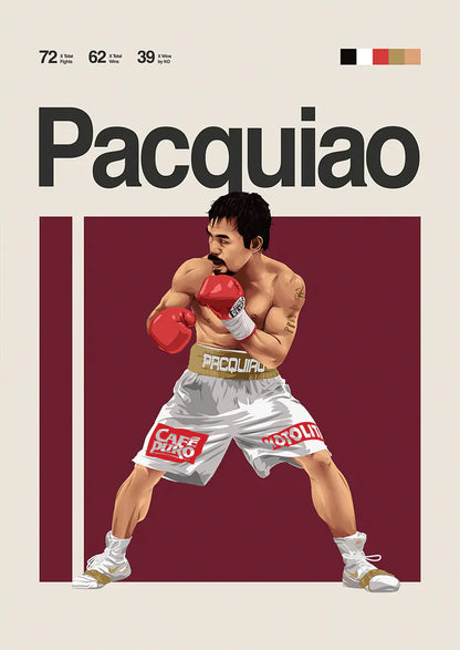 Manny Pacquiao boxing poster in white shorts and red gloves mid-stance