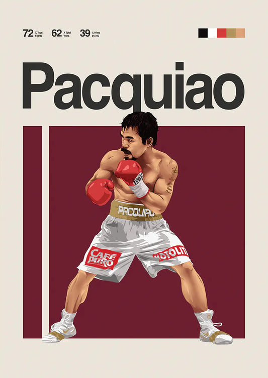 Manny Pacquiao boxing poster in white shorts and red gloves mid-stance
