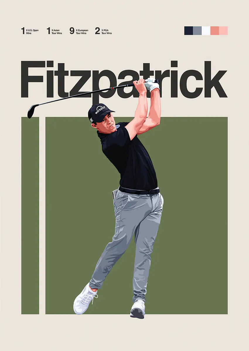 Matt Fitzpatrick poster with modern golf swing illustration in black shirt