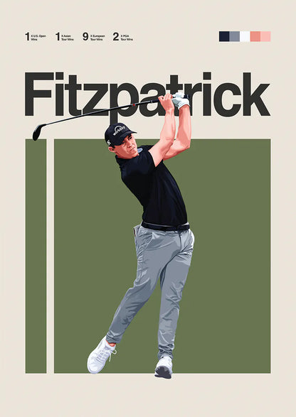 Matt Fitzpatrick poster with modern golf swing illustration in black shirt