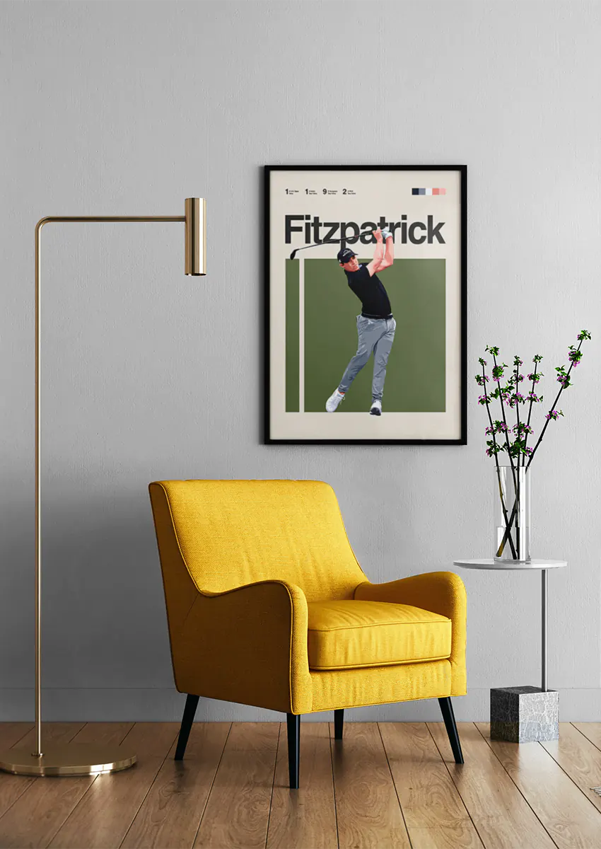 golf wall art of Matt Fitzpatrick follow-through pose with green and beige design