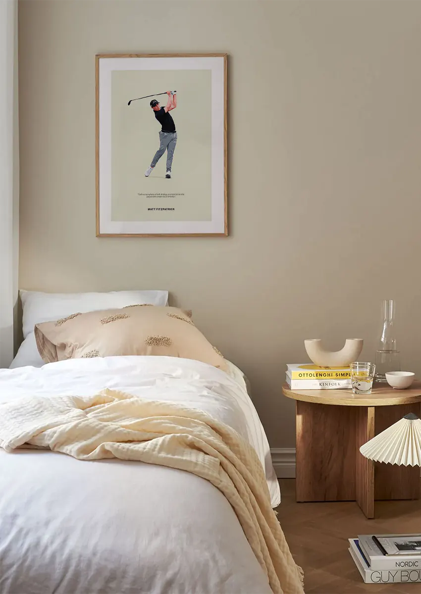 Modern minimalist golf wall art featuring Matt Fitzpatrick in full swing
