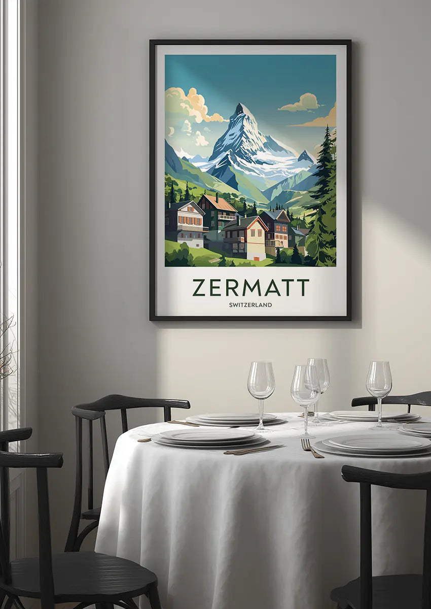 Swiss Alps landscape wall art with alpine houses and greenery