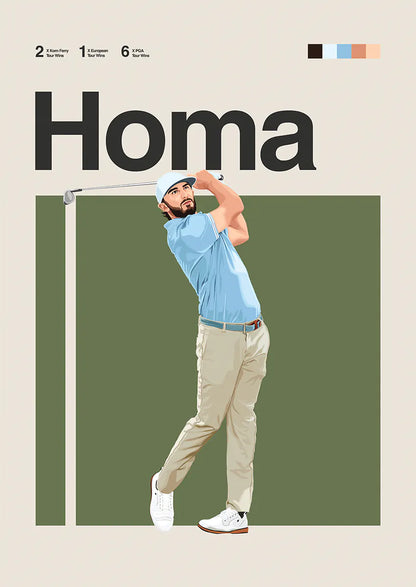 Max Homa poster with calm golf swing artwork in beige and light blue