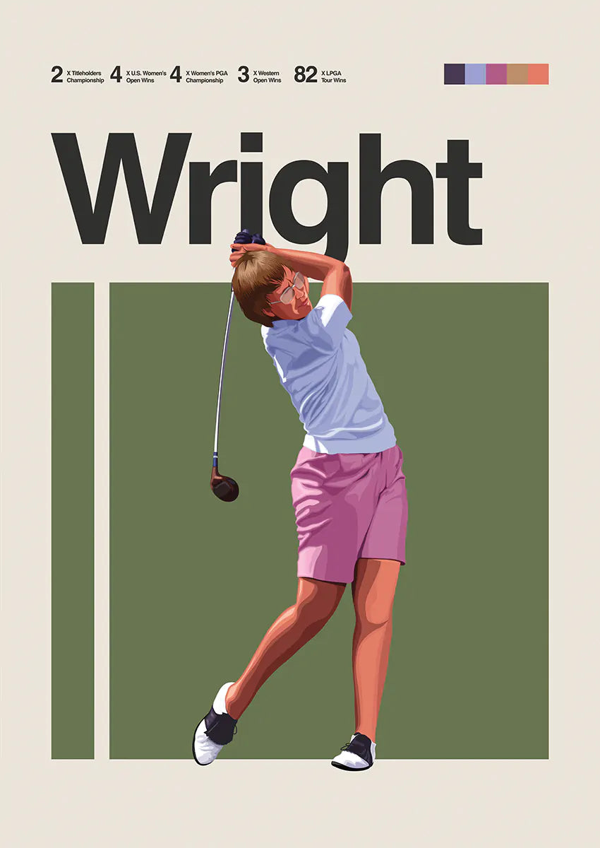 Mickey Wright poster featuring golf legend in mid-swing pose
