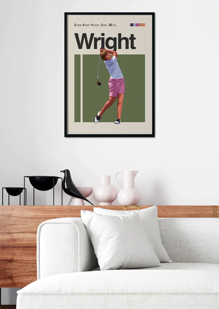 vintage-inspired golf wall art of Mickey Wright in coral and lavender tones