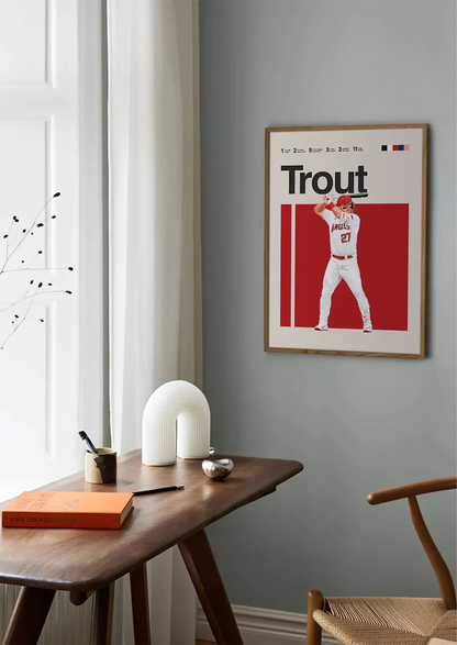 mike trout wall art for sports fans in red white and beige tones