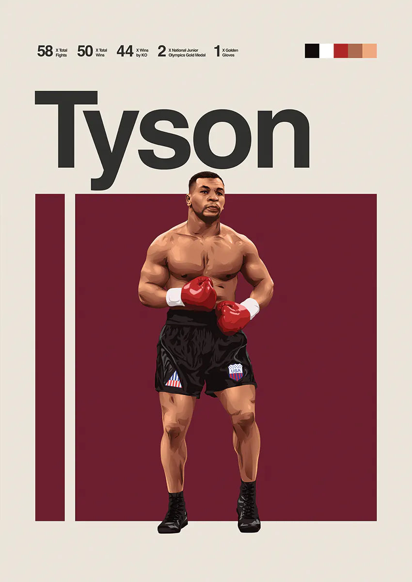 Mike Tyson boxing poster with red gloves and black USA shorts